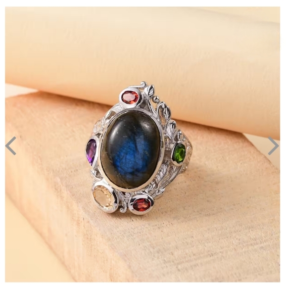 Malagasy Labradorite "Celestial Garden" multi gem ring, platinum bond, Sz.7 - Picture 3 of 7